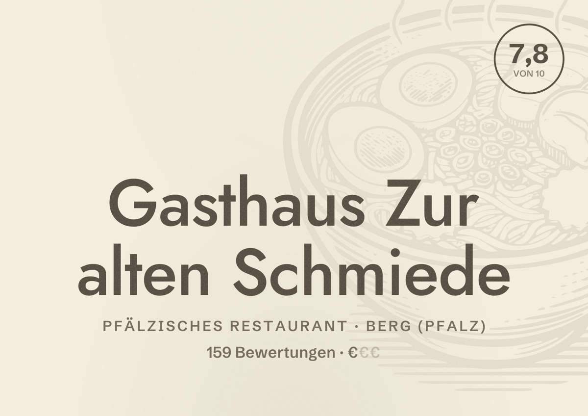 Illustriertes Poster von Gasthaus Zur alten Schmiede, Pfälzisches Restaurant in Berg (Pfalz): Bewertung 7,8 von 10 aus 159 Bewertungen, Preisniveau €