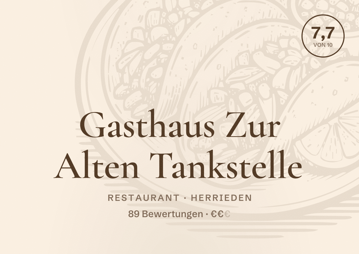 Illustriertes Poster von Gasthaus Zur Alten Tankstelle, Restaurant in Herrieden: Bewertung 7,7 von 10 aus 89 Bewertungen, Preisniveau €€