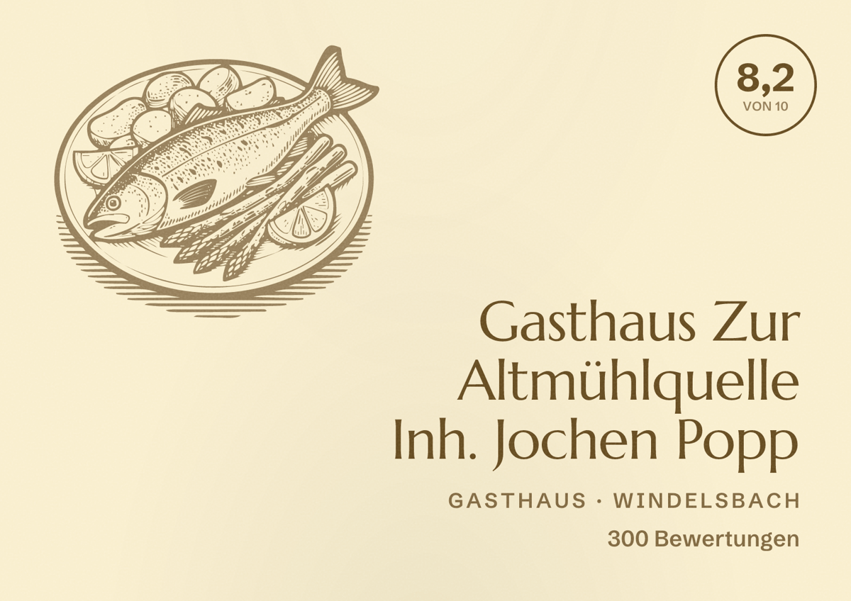 Illustriertes Poster von Gasthaus Zur Altmühlquelle Inh. Jochen Popp, Gasthaus in Windelsbach: Bewertung 8,2 von 10 aus 300 Bewertungen