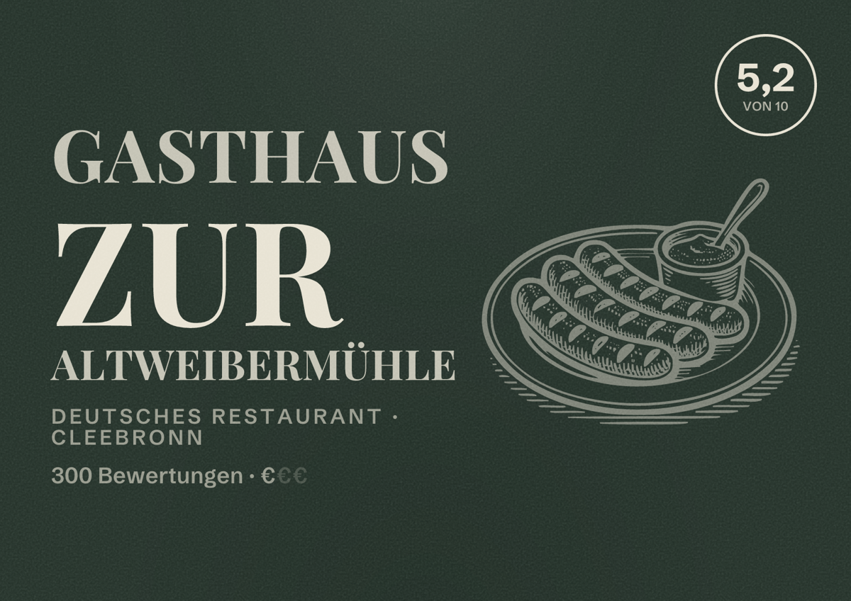 Illustriertes Poster von Gasthaus zur Altweibermühle, Deutsches Restaurant in Cleebronn: Bewertung 5,2 von 10 aus 300 Bewertungen, Preisniveau €
