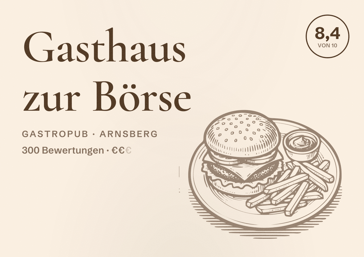 Illustriertes Poster von Gasthaus zur Börse, Gastropub in Arnsberg: Bewertung 8,4 von 10 aus 300 Bewertungen, Preisniveau €€