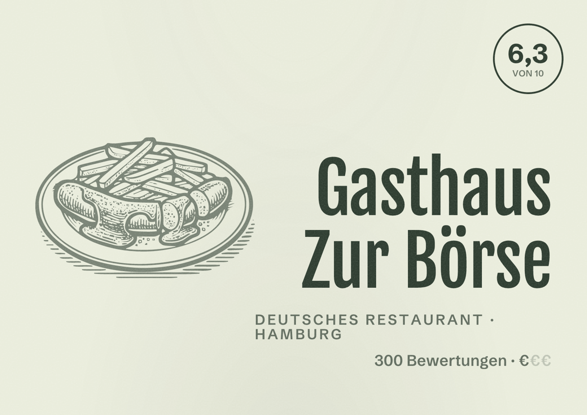 Illustriertes Poster von Gasthaus Zur Börse, Deutsches Restaurant in Hamburg: Bewertung 6,3 von 10 aus 300 Bewertungen, Preisniveau €