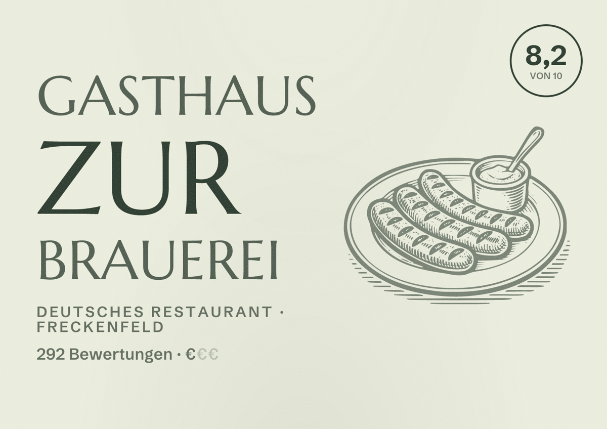 Illustriertes Poster von Gasthaus zur Brauerei, Deutsches Restaurant in Freckenfeld: Bewertung 8,2 von 10 aus 292 Bewertungen, Preisniveau €