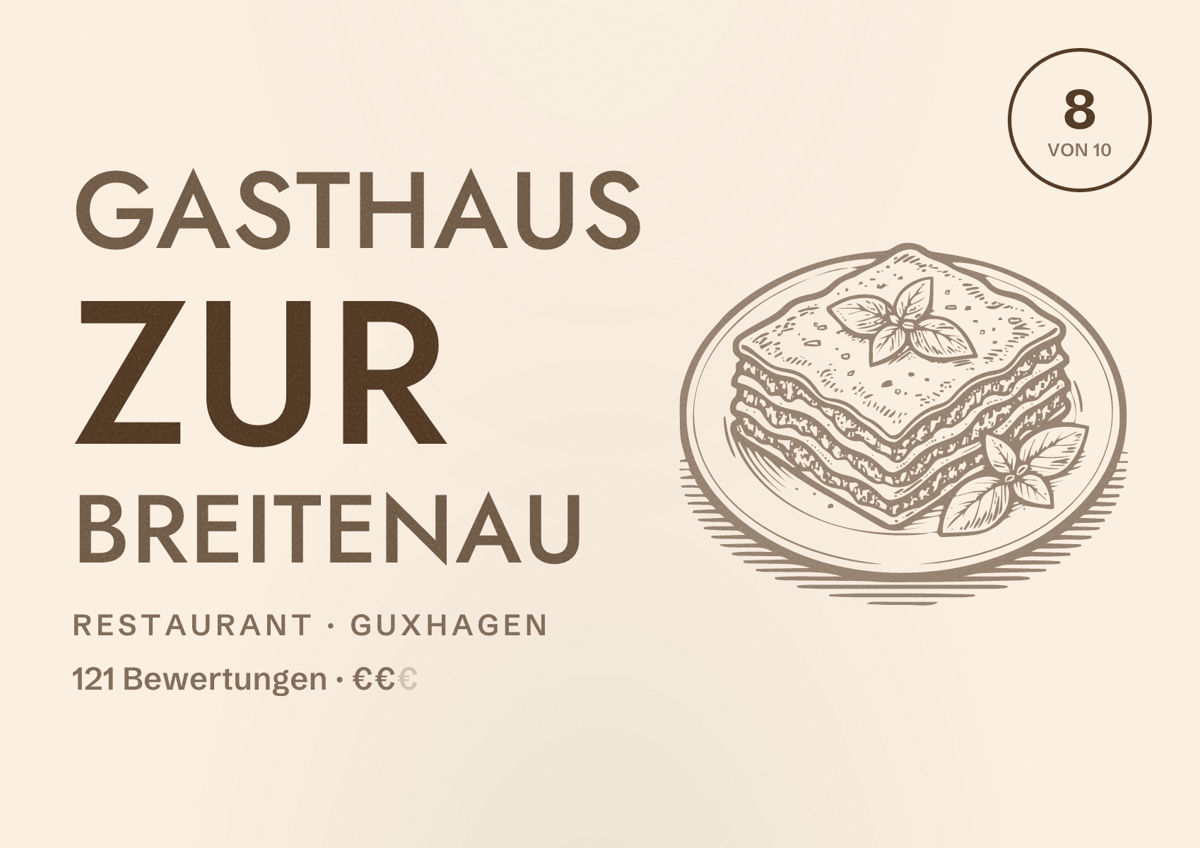 Illustriertes Poster von Gasthaus Zur Breitenau, Restaurant in Guxhagen: Bewertung 8 von 10 aus 121 Bewertungen, Preisniveau €€
