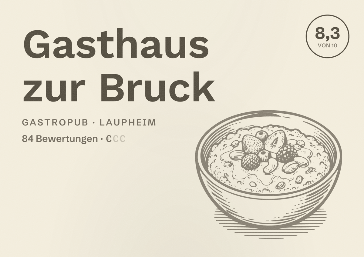 Illustriertes Poster von Gasthaus zur Bruck, Gastropub in Laupheim: Bewertung 8,3 von 10 aus 84 Bewertungen, Preisniveau €