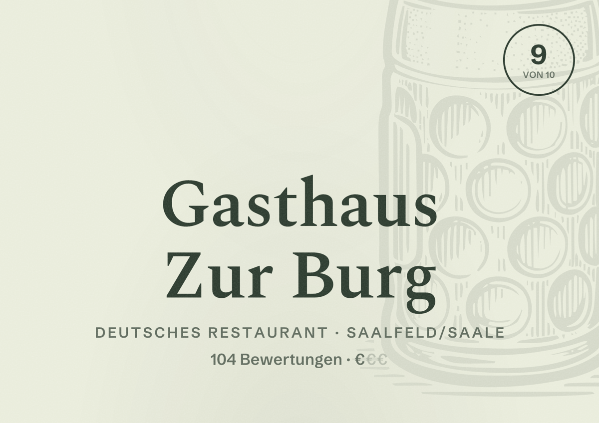 Illustriertes Poster von Gasthaus Zur Burg, Deutsches Restaurant in Saalfeld/Saale: Bewertung 9 von 10 aus 104 Bewertungen, Preisniveau €