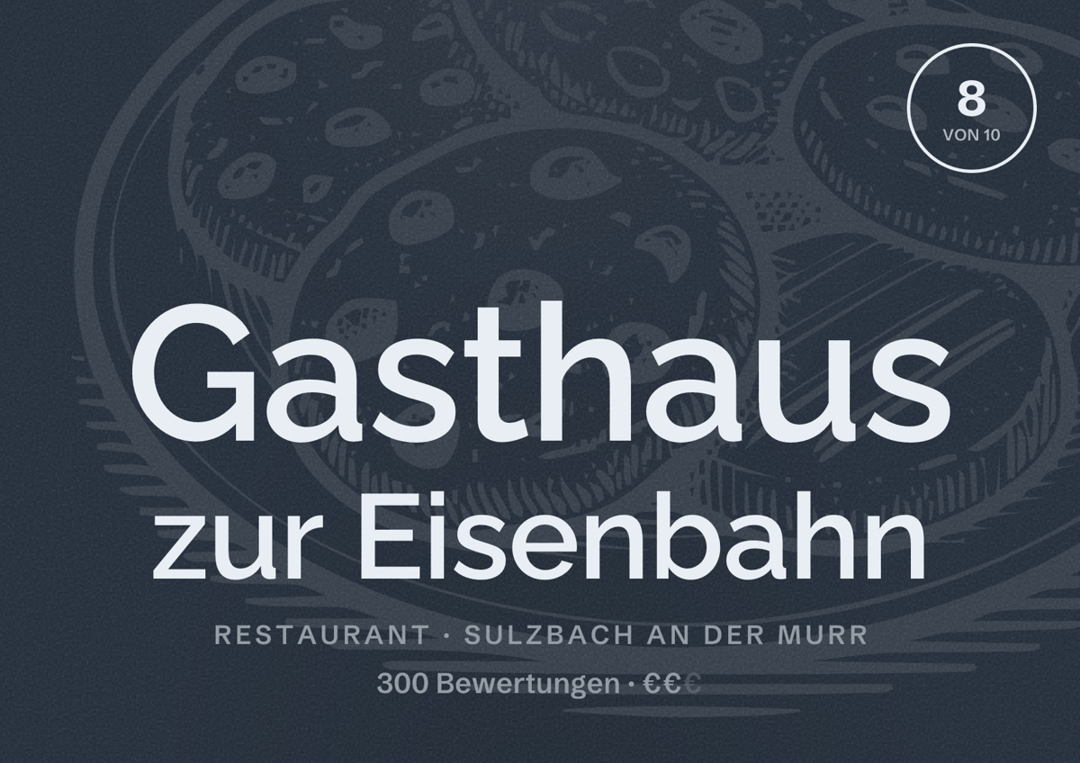 Illustriertes Poster von Gasthaus zur Eisenbahn, Restaurant in Sulzbach an der Murr: Bewertung 8 von 10 aus 300 Bewertungen, Preisniveau €€