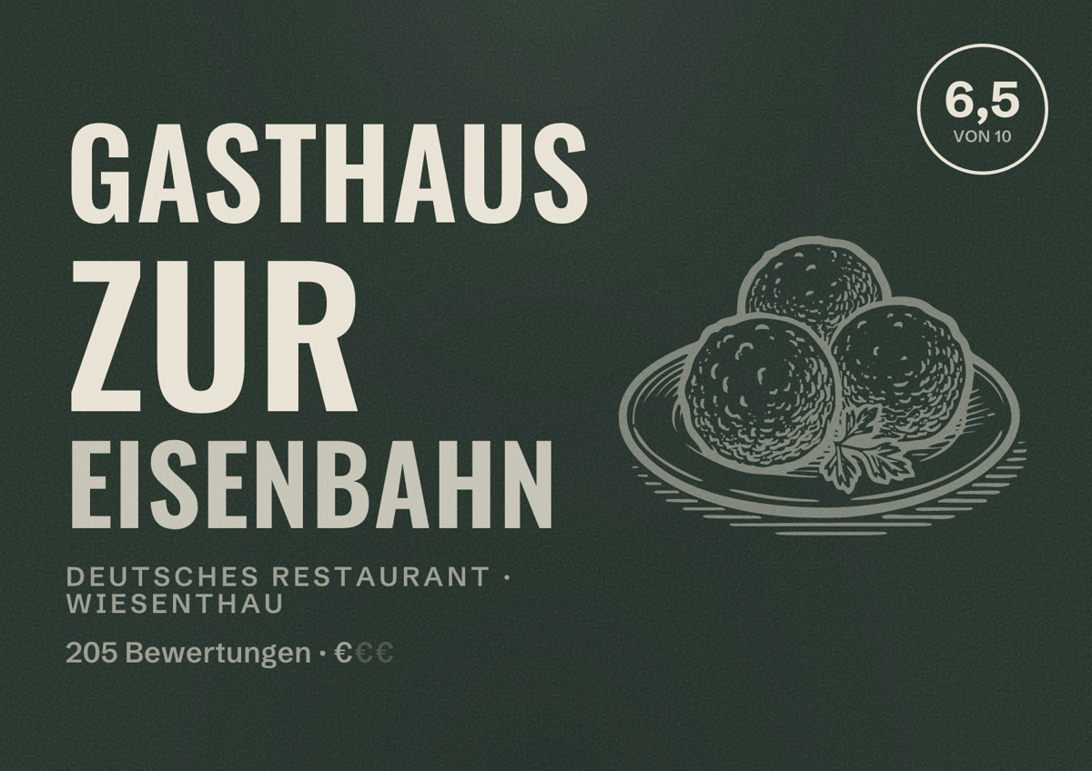 Illustriertes Poster von Gasthaus Zur Eisenbahn, Deutsches Restaurant in Wiesenthau: Bewertung 6,5 von 10 aus 205 Bewertungen, Preisniveau €