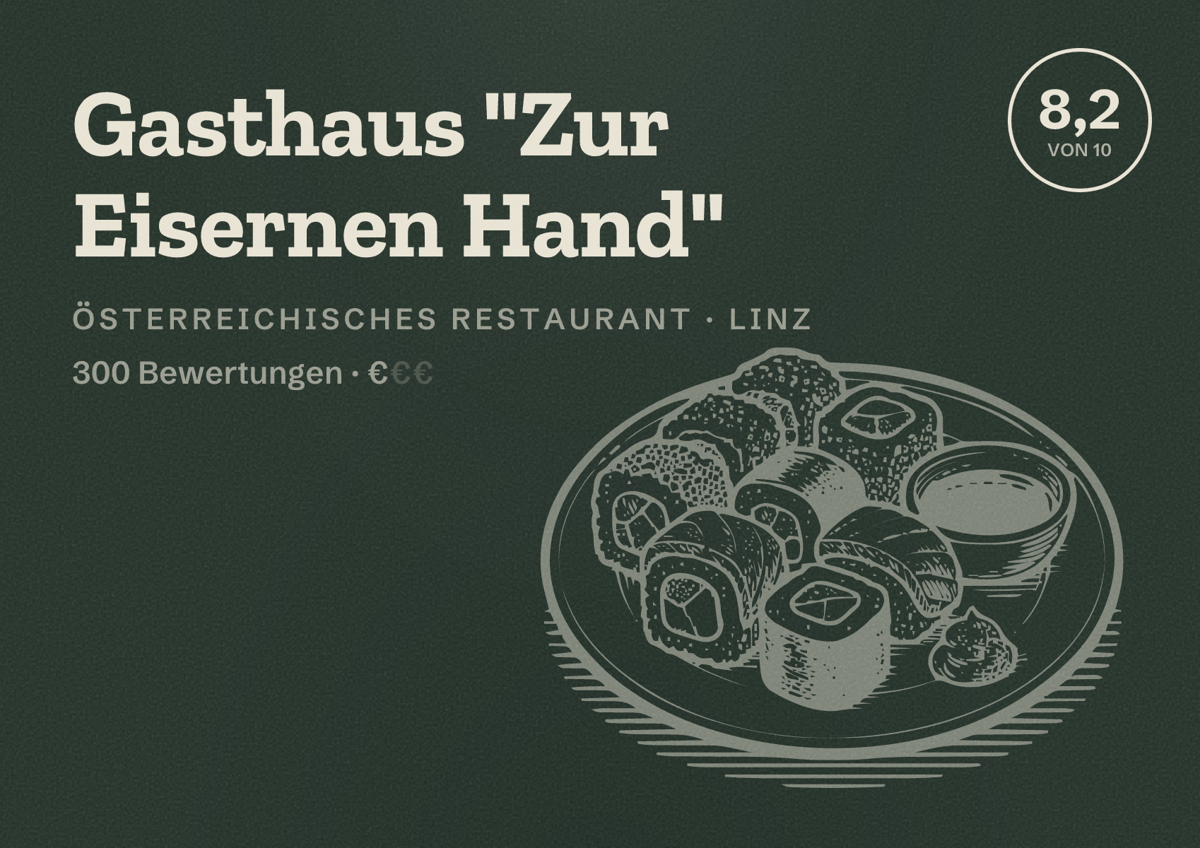 Illustriertes Poster von Gasthaus "Zur Eisernen Hand", Österreichisches Restaurant in Linz: Bewertung 8,2 von 10 aus 300 Bewertungen, Preisniveau €