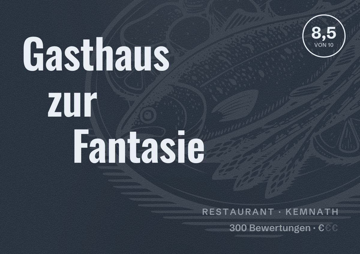 Illustriertes Poster von Gasthaus zur Fantasie, Restaurant in Kemnath: Bewertung 8,5 von 10 aus 300 Bewertungen, Preisniveau €