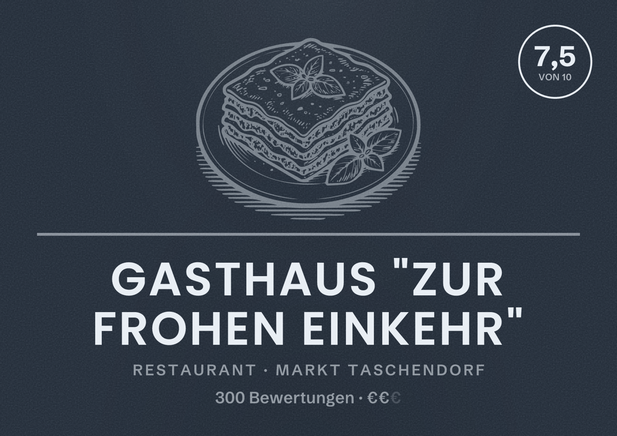 Illustriertes Poster von Gasthaus "Zur frohen Einkehr", Restaurant in Markt Taschendorf: Bewertung 7,5 von 10 aus 300 Bewertungen, Preisniveau €€