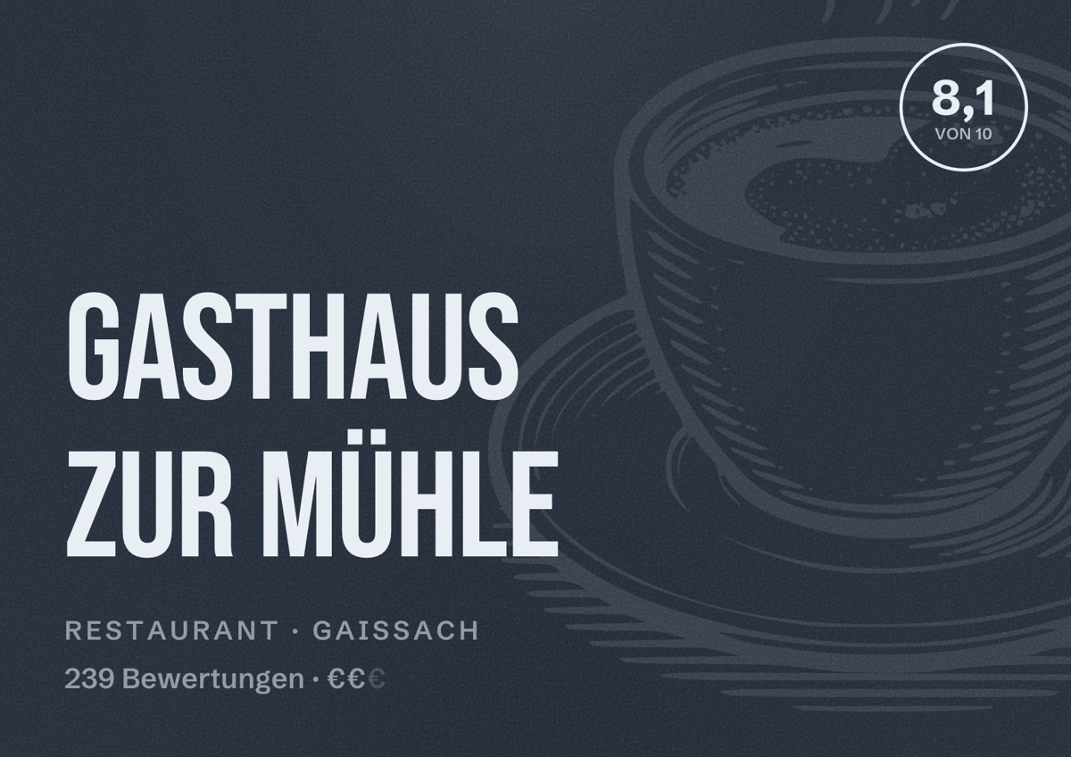 Illustriertes Poster von Gasthaus zur Mühle, Restaurant in Gaißach: Bewertung 8,1 von 10 aus 239 Bewertungen, Preisniveau €€