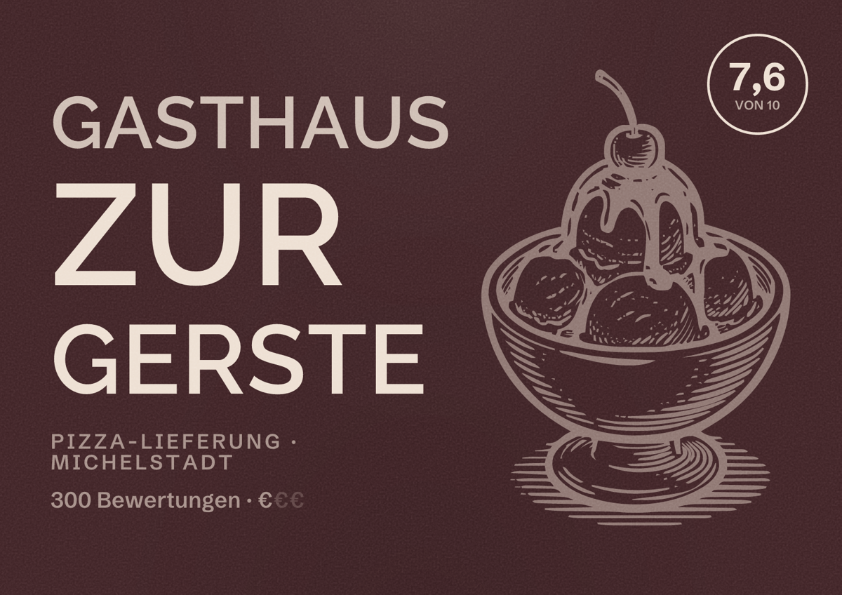 Illustriertes Poster von Gasthaus zur Gerste, Pizza-Lieferung in Michelstadt: Bewertung 7,6 von 10 aus 300 Bewertungen, Preisniveau €
