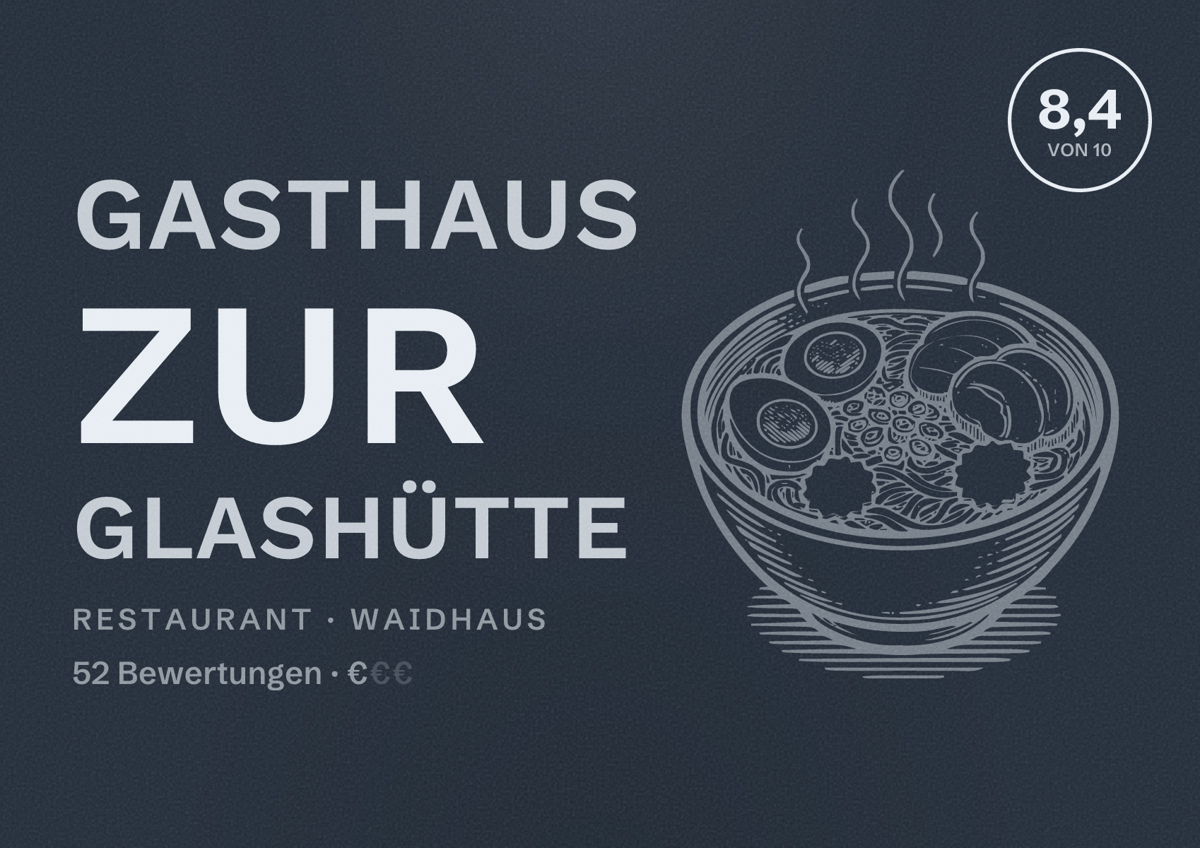 Illustriertes Poster von Gasthaus zur Glashütte, Restaurant in Waidhaus: Bewertung 8,4 von 10 aus 52 Bewertungen, Preisniveau €