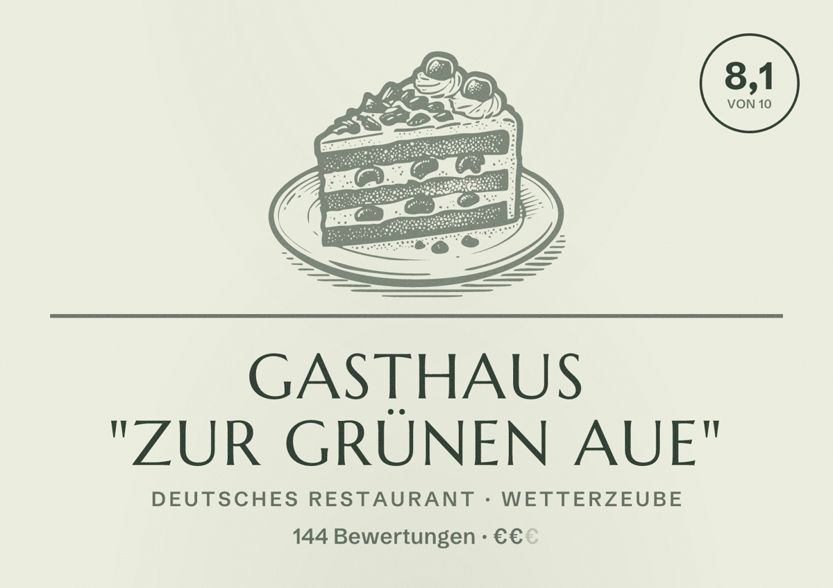 Illustriertes Poster von Gasthaus "Zur Grünen Aue", Deutsches Restaurant in Wetterzeube: Bewertung 8,1 von 10 aus 144 Bewertungen, Preisniveau €€