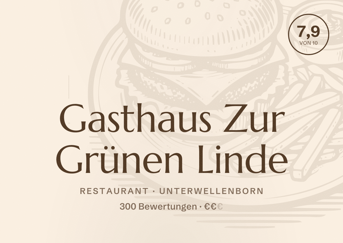 Illustriertes Poster von Gasthaus Zur Grünen Linde, Restaurant in Unterwellenborn: Bewertung 7,9 von 10 aus 300 Bewertungen, Preisniveau €€