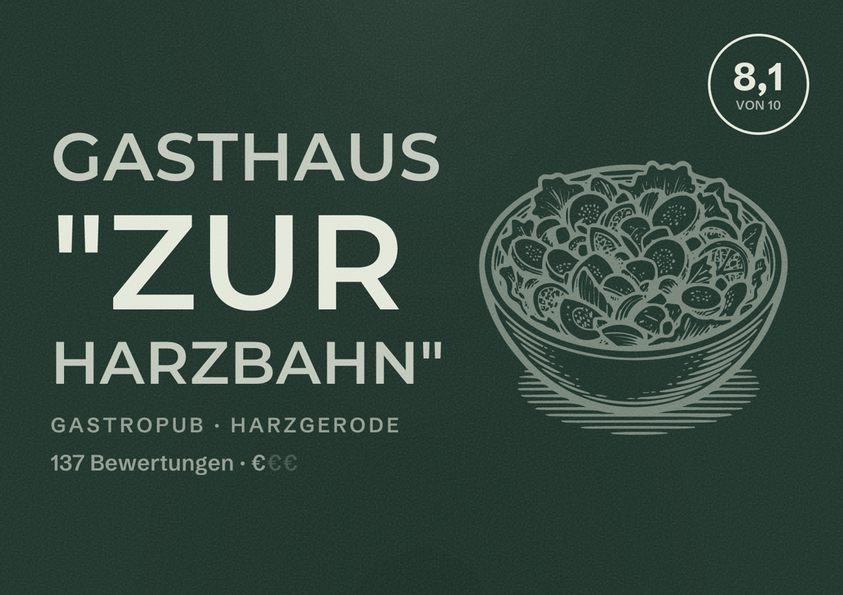 Illustriertes Poster von Gasthaus "Zur Harzbahn", Gastropub in Harzgerode: Bewertung 8,1 von 10 aus 137 Bewertungen, Preisniveau €