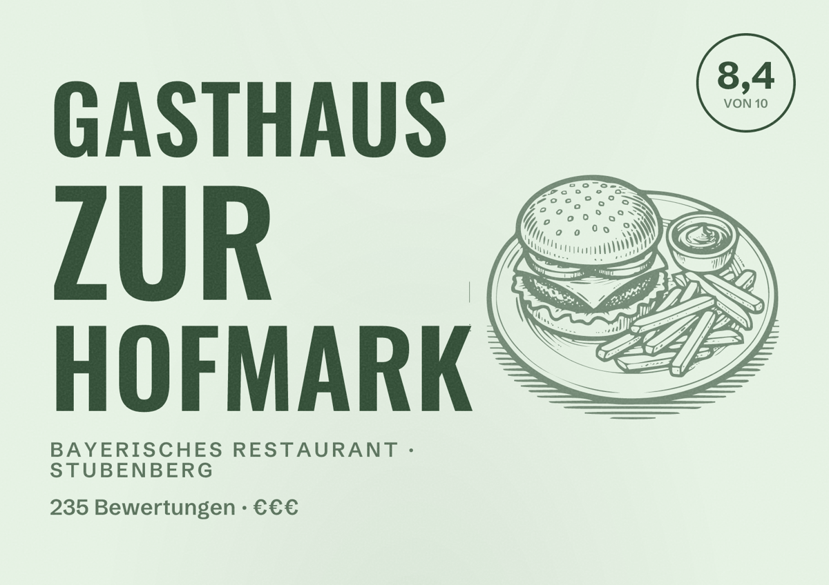 Illustriertes Poster von Gasthaus zur Hofmark, Bayerisches Restaurant in Stubenberg: Bewertung 8,4 von 10 aus 235 Bewertungen, Preisniveau €€€