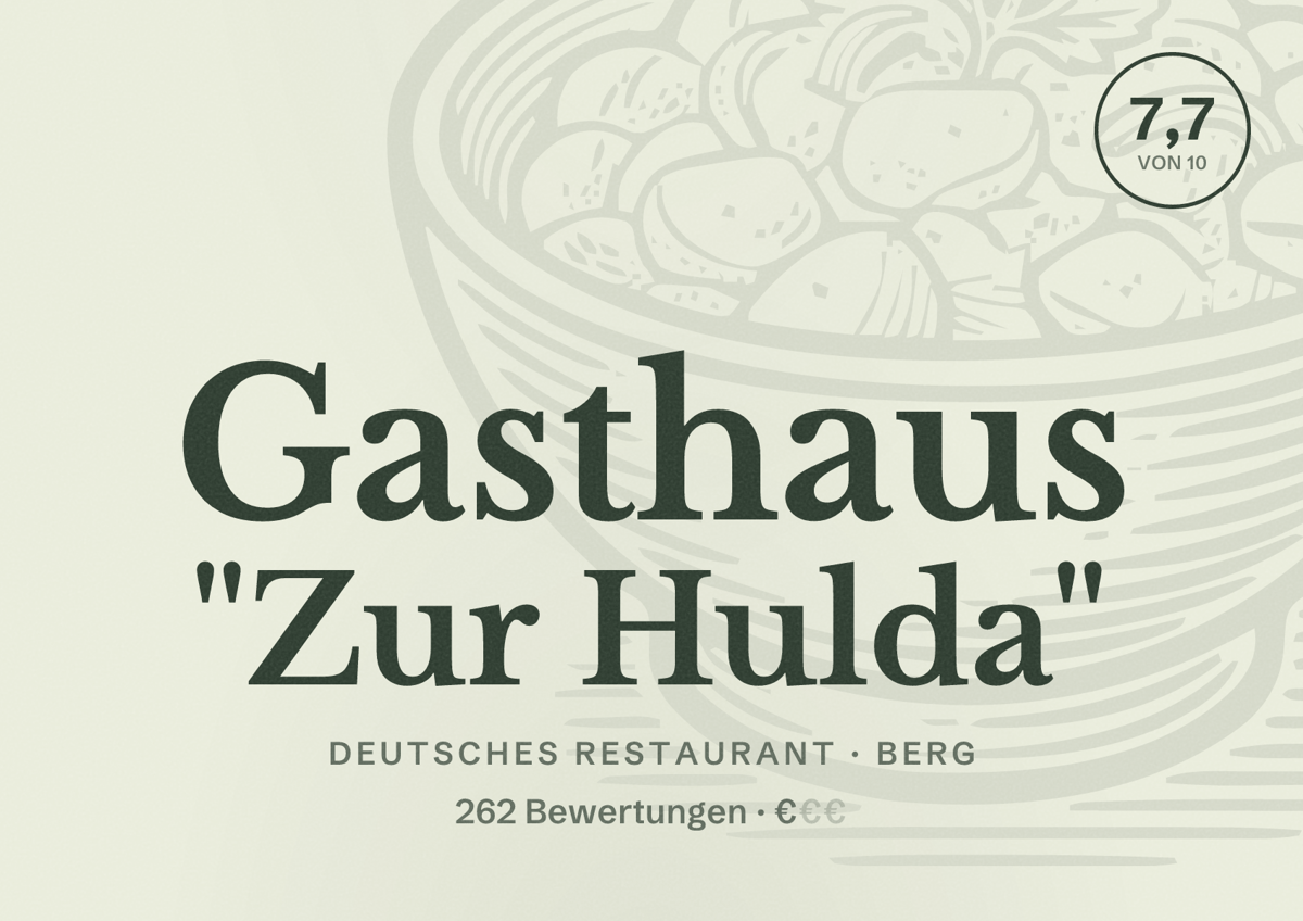 Illustriertes Poster von Gasthaus "Zur Hulda", Deutsches Restaurant in Berg: Bewertung 7,7 von 10 aus 262 Bewertungen, Preisniveau €