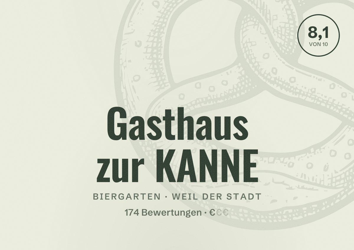 Illustriertes Poster von Gasthaus zur KANNE, Biergarten in Weil der Stadt: Bewertung 8,1 von 10 aus 174 Bewertungen, Preisniveau €