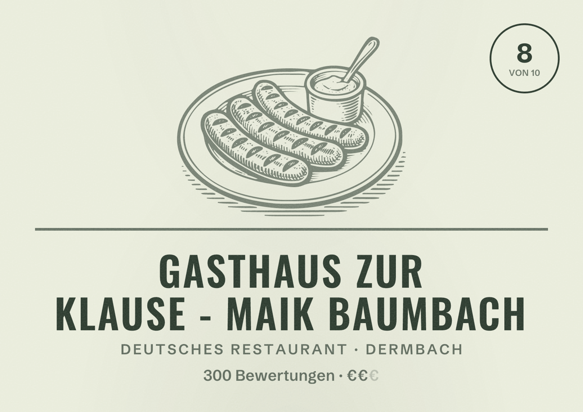 Illustriertes Poster von Gasthaus Zur Klause - Maik Baumbach, Deutsches Restaurant in Dermbach: Bewertung 8 von 10 aus 300 Bewertungen, Preisniveau €€