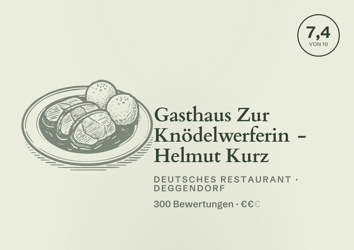 Illustriertes Poster von Gasthaus Zur Knödelwerferin - Helmut Kurz, Deutsches Restaurant in Deggendorf: Bewertung 7,4 von 10 aus 300 Bewertungen, Preisniveau €€