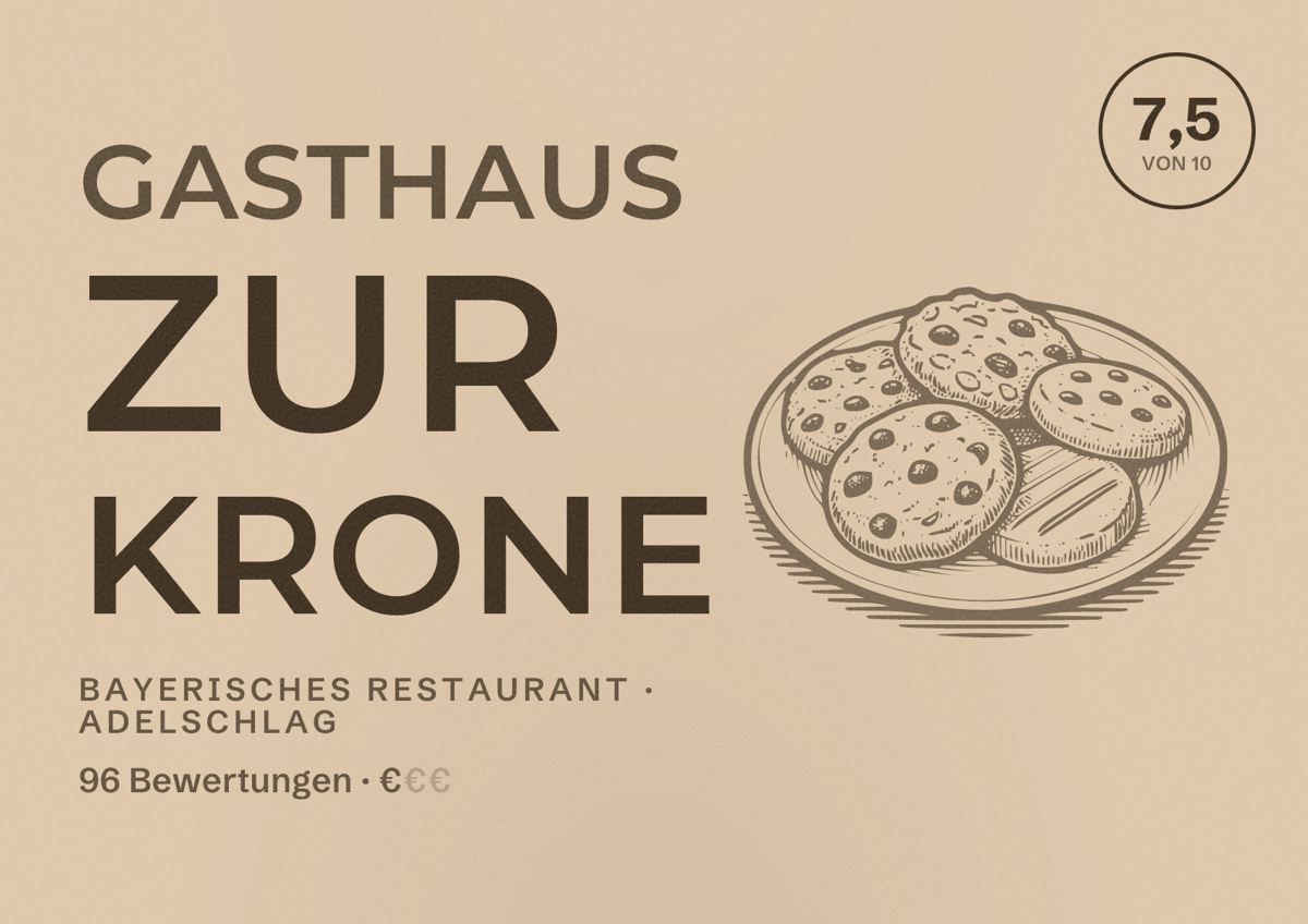 Illustriertes Poster von Gasthaus zur Krone, Bayerisches Restaurant in Adelschlag: Bewertung 7,5 von 10 aus 96 Bewertungen, Preisniveau €