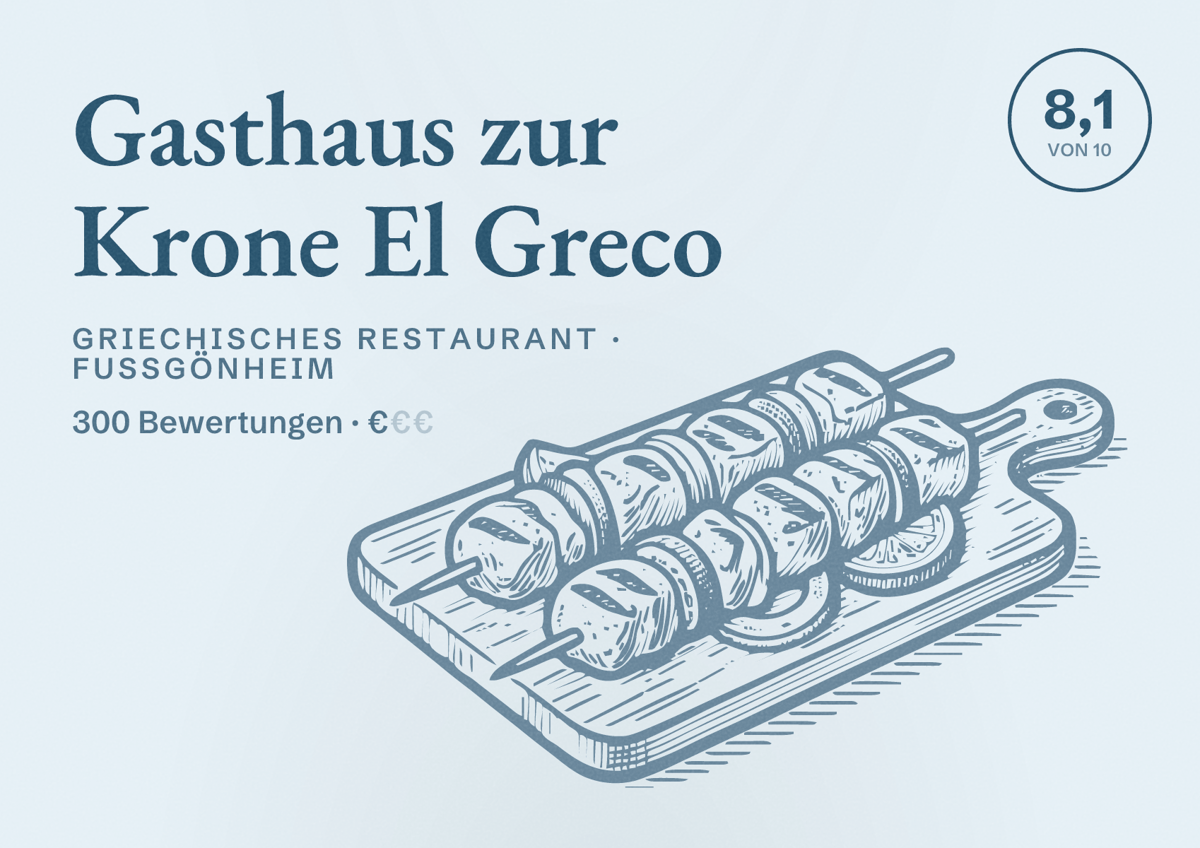 Illustriertes Poster von Gasthaus zur Krone El Greco, Griechisches Restaurant in Fußgönheim: Bewertung 8,1 von 10 aus 300 Bewertungen, Preisniveau €