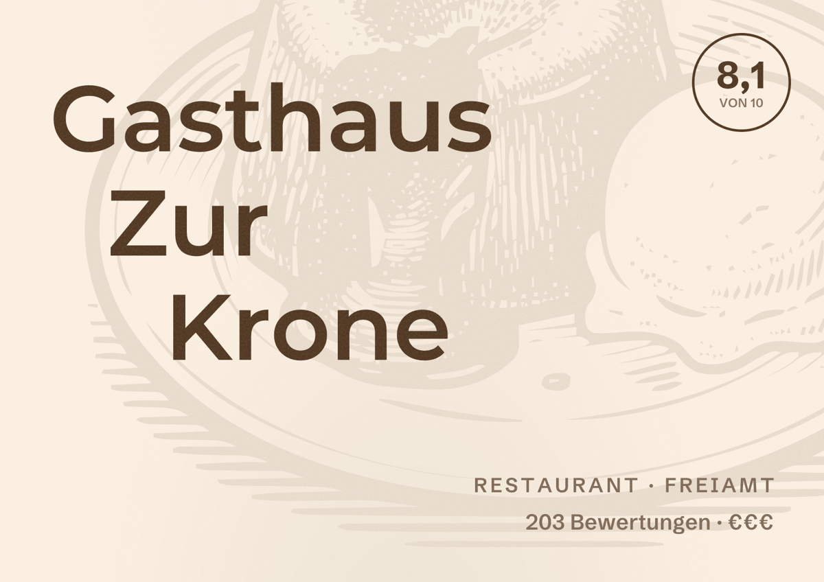 Illustriertes Poster von Gasthaus Zur Krone, Restaurant in Freiamt: Bewertung 8,1 von 10 aus 203 Bewertungen, Preisniveau €€€