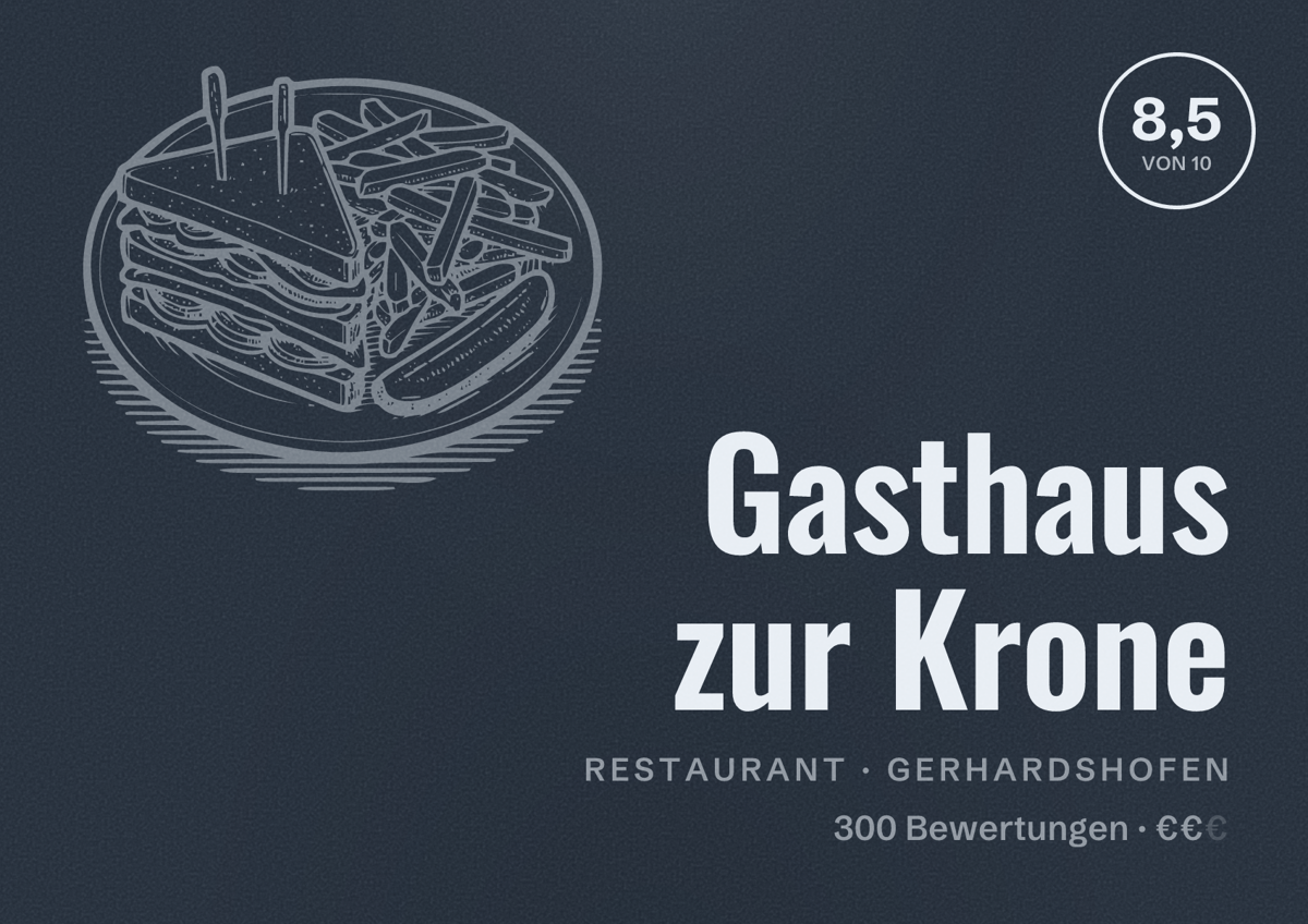 Illustriertes Poster von Gasthaus zur Krone, Restaurant in Gerhardshofen: Bewertung 8,5 von 10 aus 300 Bewertungen, Preisniveau €€
