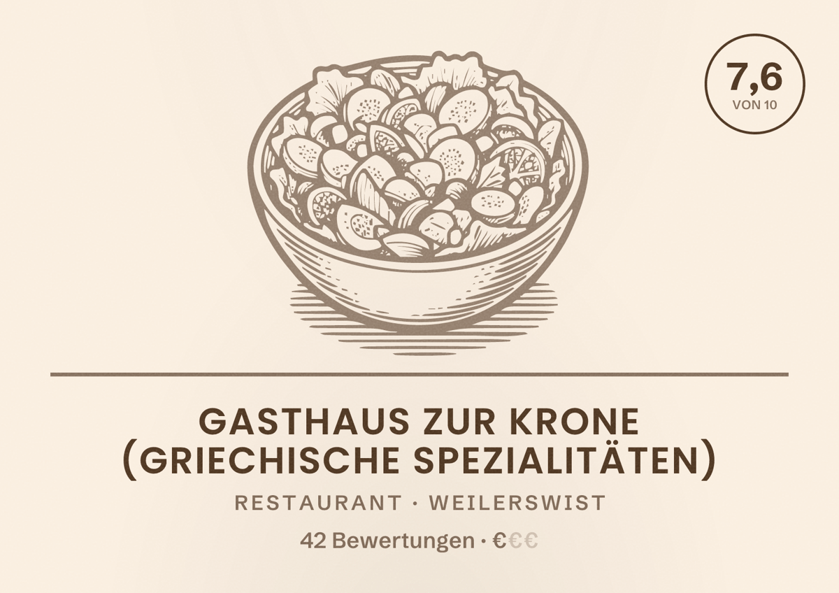 Illustriertes Poster von Gasthaus zur Krone (Griechische Spezialitäten), Restaurant in Weilerswist: Bewertung 7,6 von 10 aus 42 Bewertungen, Preisniveau €