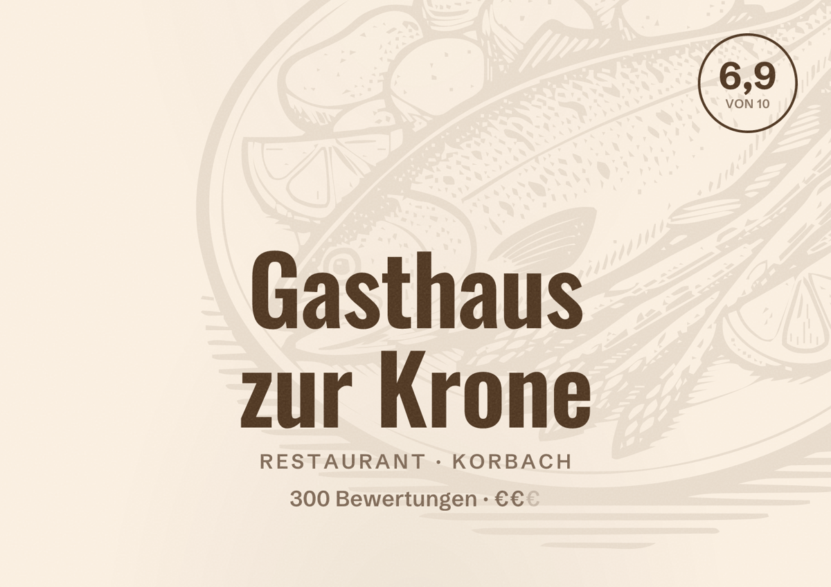 Illustriertes Poster von Gasthaus zur Krone, Restaurant in Korbach: Bewertung 6,9 von 10 aus 300 Bewertungen, Preisniveau €€