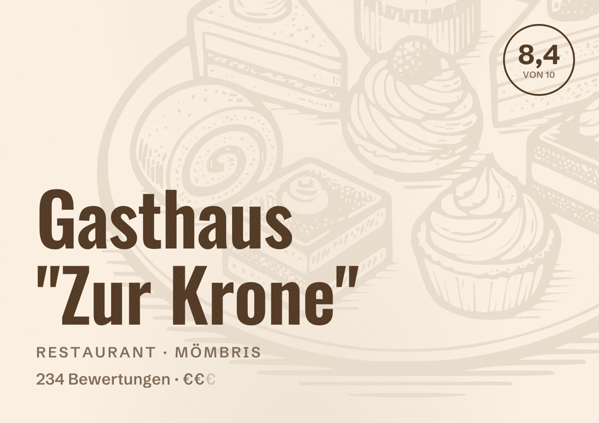 Illustriertes Poster von Gasthaus "Zur Krone", Restaurant in Mömbris: Bewertung 8,4 von 10 aus 234 Bewertungen, Preisniveau €€