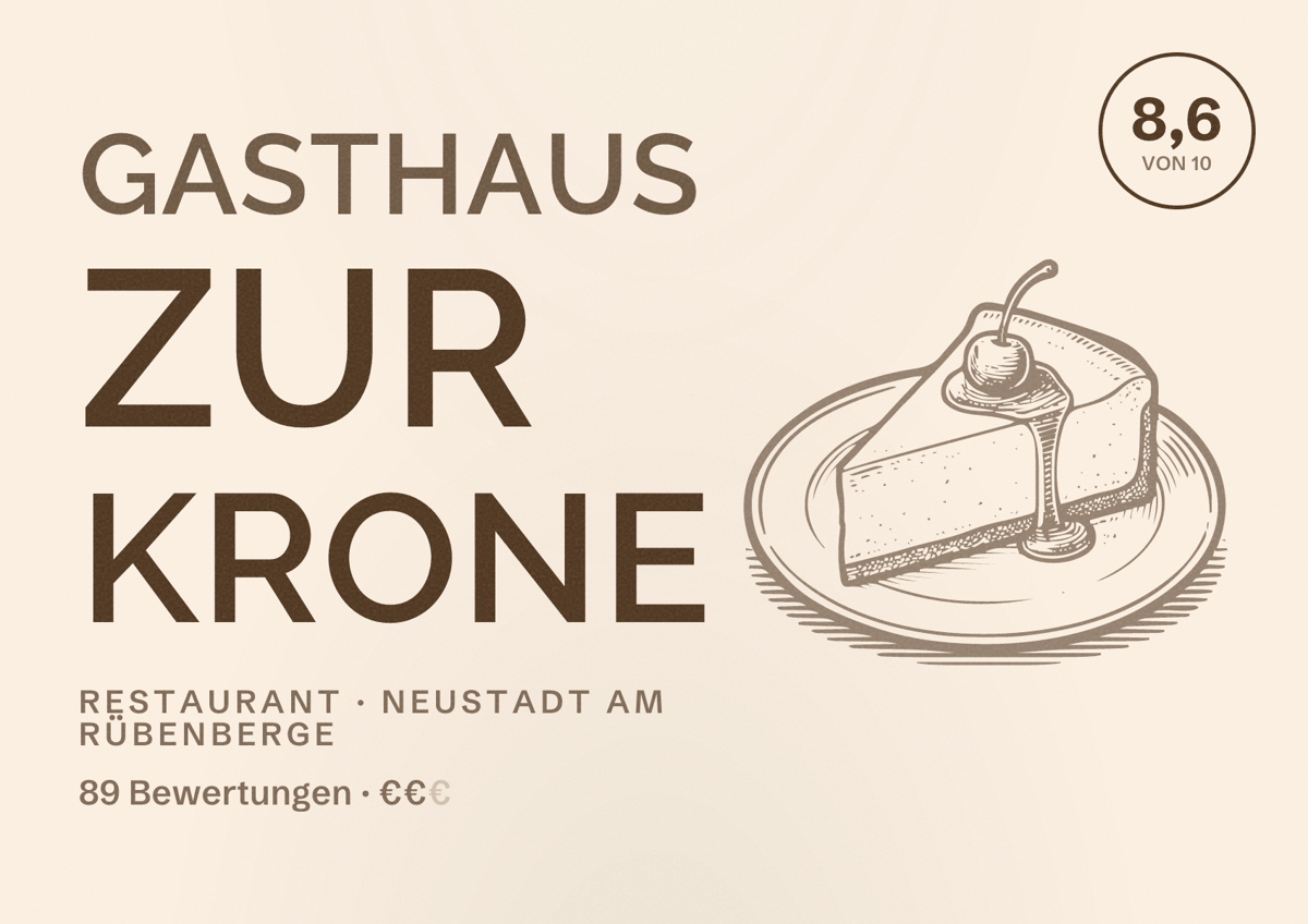 Illustriertes Poster von Gasthaus zur Krone, Restaurant in Neustadt am Rübenberge: Bewertung 8,6 von 10 aus 89 Bewertungen, Preisniveau €€