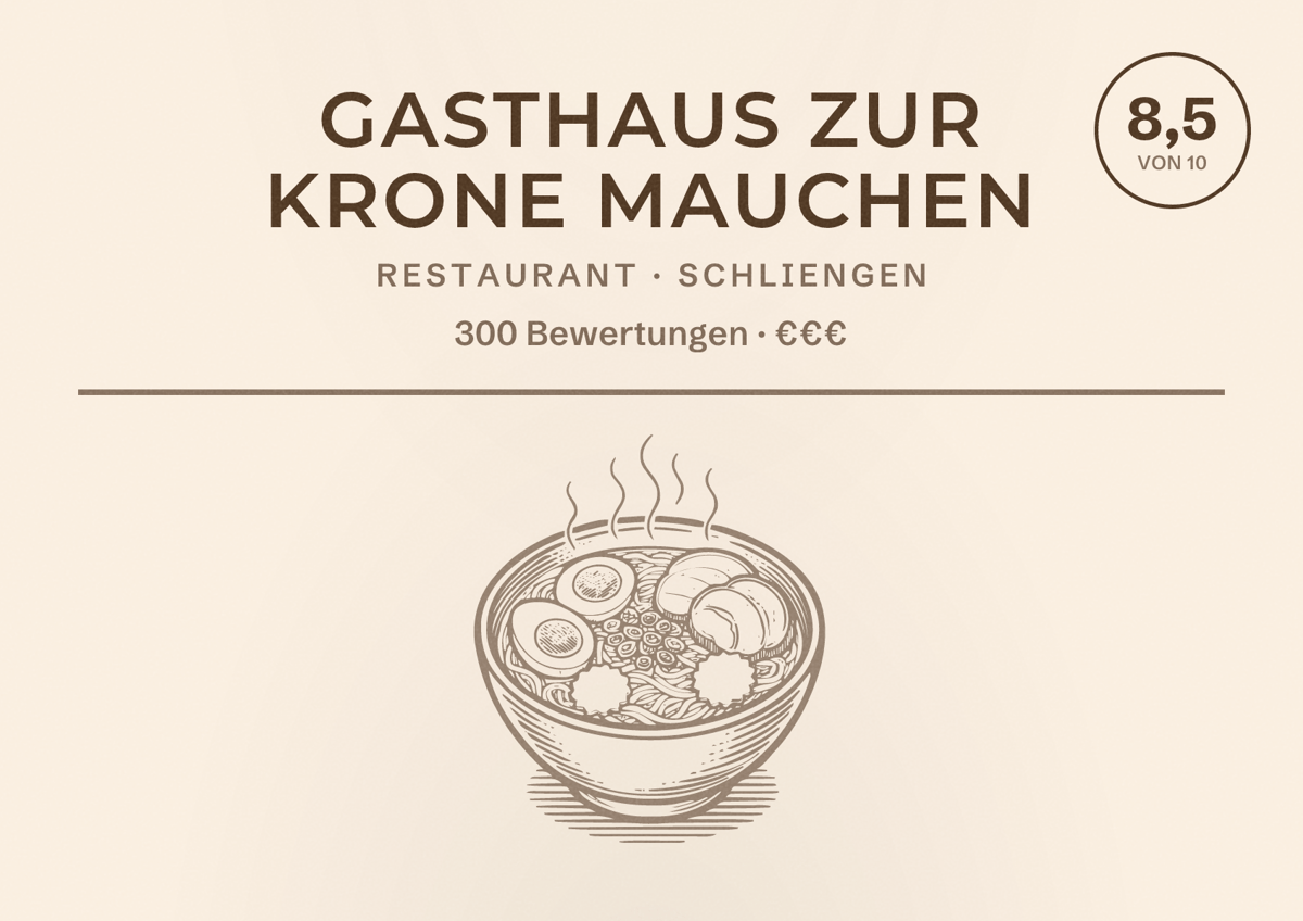 Illustriertes Poster von Gasthaus Zur Krone Mauchen, Restaurant in Schliengen: Bewertung 8,5 von 10 aus 300 Bewertungen, Preisniveau €€€