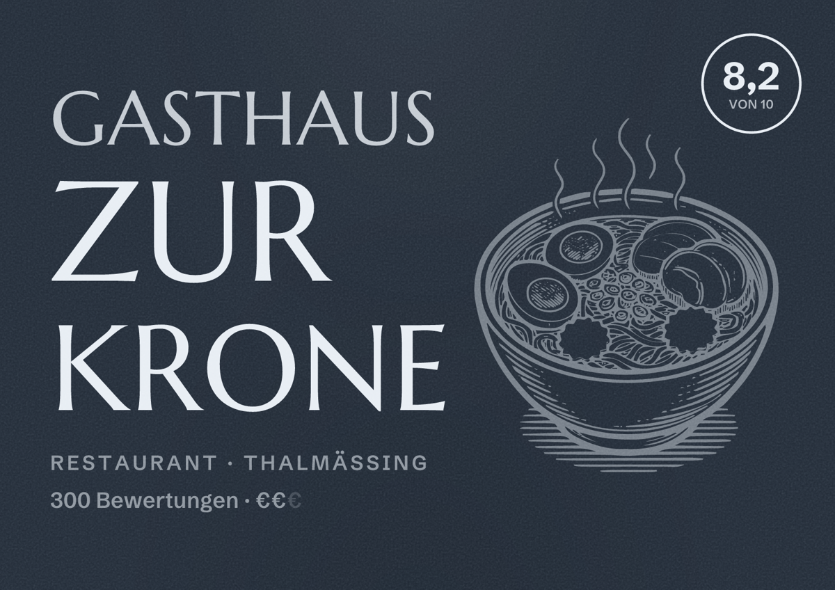 Illustriertes Poster von Gasthaus zur Krone, Restaurant in Thalmässing: Bewertung 8,2 von 10 aus 300 Bewertungen, Preisniveau €€