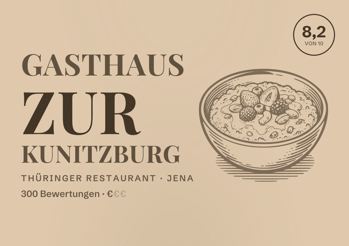 Illustriertes Poster von Gasthaus Zur Kunitzburg, Thüringer Restaurant in Jena: Bewertung 8,2 von 10 aus 300 Bewertungen, Preisniveau €