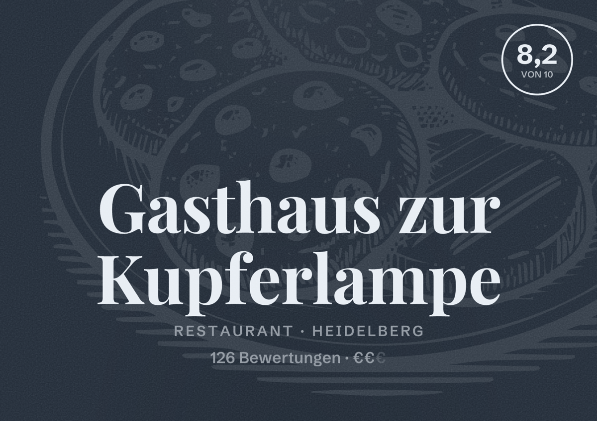 Illustriertes Poster von Gasthaus zur Kupferlampe, Restaurant in Heidelberg: Bewertung 8,2 von 10 aus 126 Bewertungen, Preisniveau €€