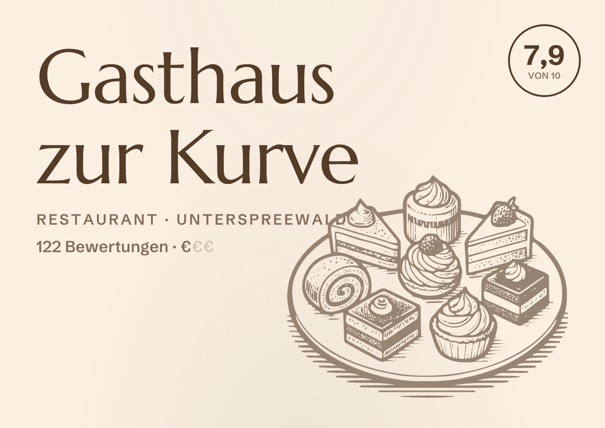 Illustriertes Poster von Gasthaus zur Kurve, Restaurant in Unterspreewald: Bewertung 7,9 von 10 aus 122 Bewertungen, Preisniveau €