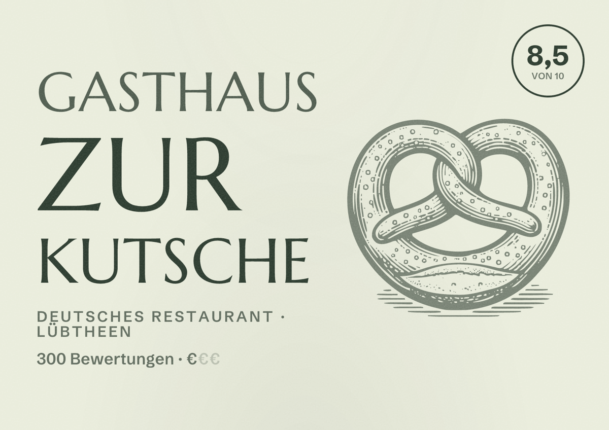 Illustriertes Poster von Gasthaus Zur Kutsche, Deutsches Restaurant in Lübtheen: Bewertung 8,5 von 10 aus 300 Bewertungen, Preisniveau €