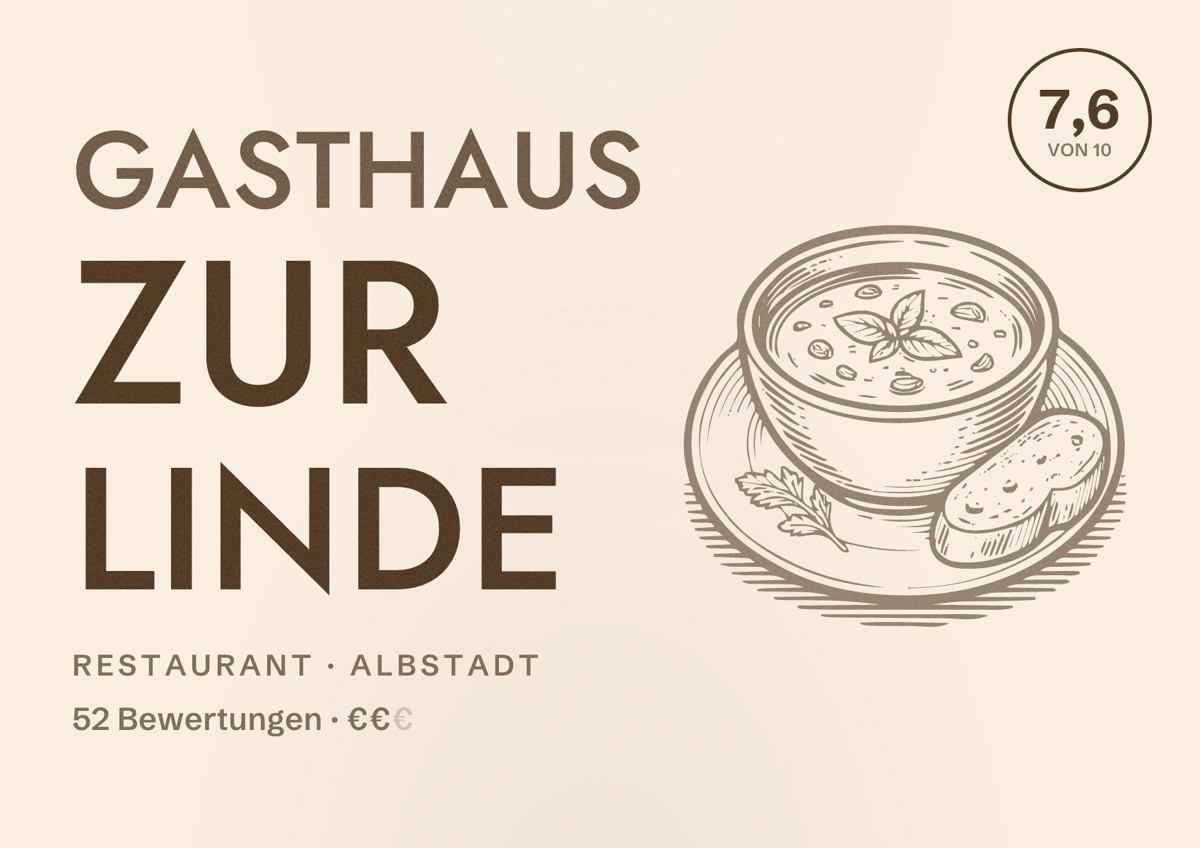 Illustriertes Poster von Gasthaus zur Linde, Restaurant in Albstadt: Bewertung 7,6 von 10 aus 52 Bewertungen, Preisniveau €€