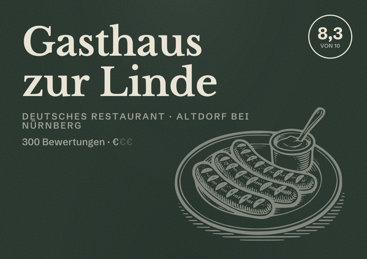 Illustriertes Poster von Gasthaus zur Linde, Deutsches Restaurant in Altdorf bei Nürnberg: Bewertung 8,3 von 10 aus 300 Bewertungen, Preisniveau €