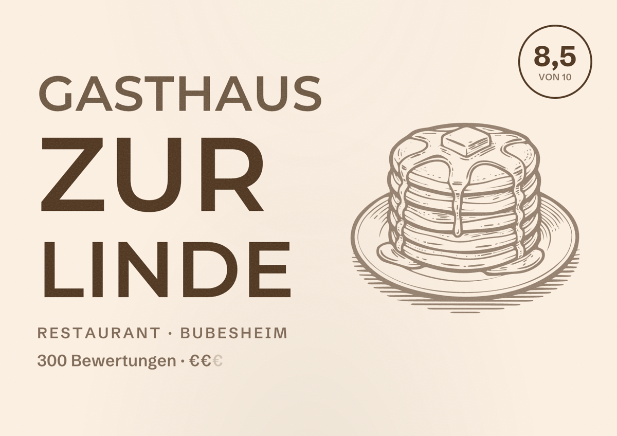 Illustriertes Poster von Gasthaus zur Linde, Restaurant in Bubesheim: Bewertung 8,5 von 10 aus 300 Bewertungen, Preisniveau €€