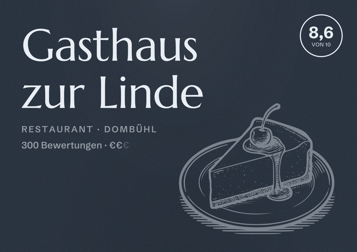 Illustriertes Poster von Gasthaus zur Linde, Restaurant in Dombühl: Bewertung 8,6 von 10 aus 300 Bewertungen, Preisniveau €€