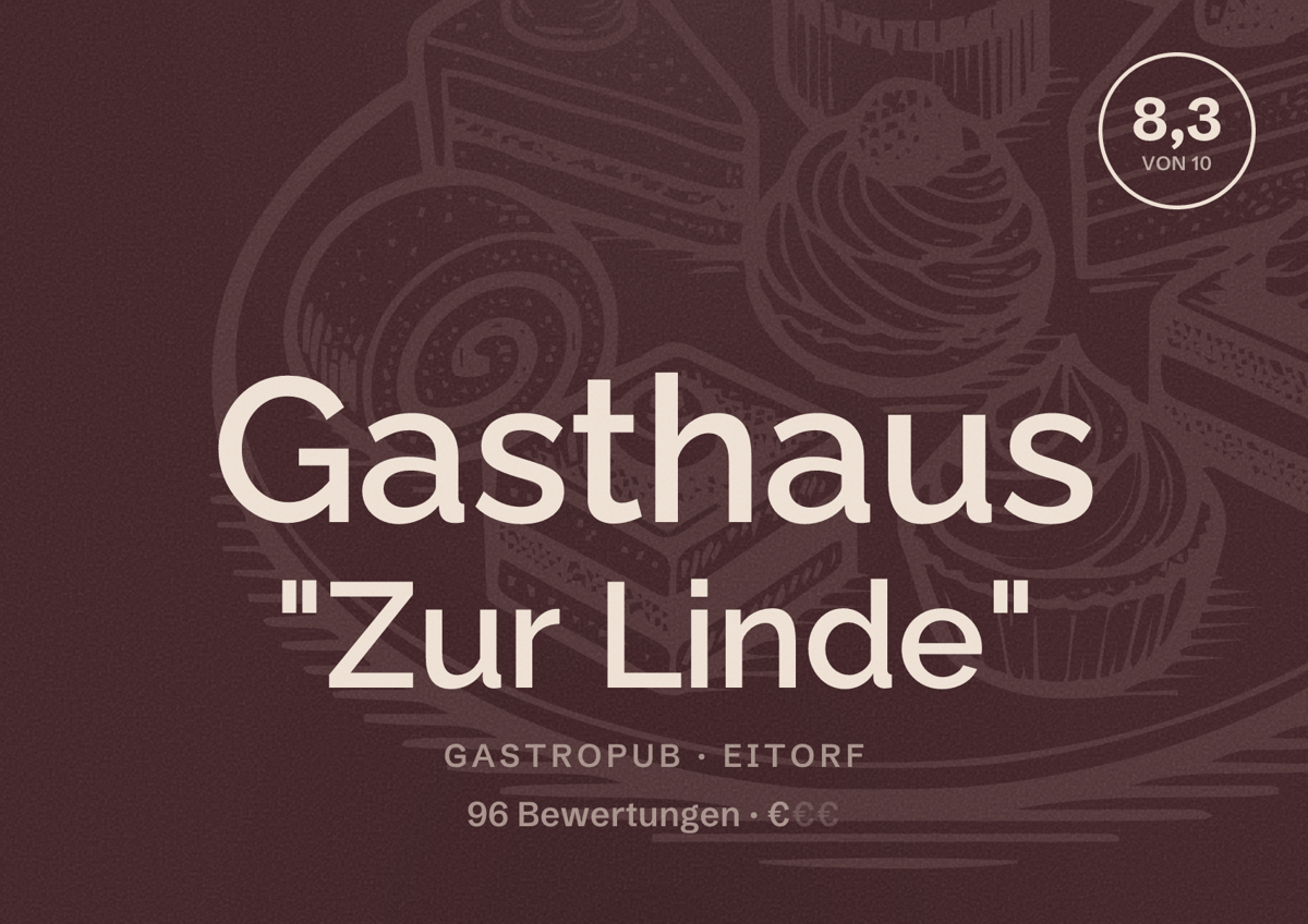 Illustriertes Poster von Gasthaus "Zur Linde", Gastropub in Eitorf: Bewertung 8,3 von 10 aus 96 Bewertungen, Preisniveau €