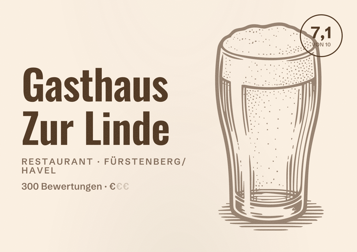 Illustriertes Poster von Gasthaus Zur Linde, Restaurant in Fürstenberg/Havel: Bewertung 7,1 von 10 aus 300 Bewertungen, Preisniveau €