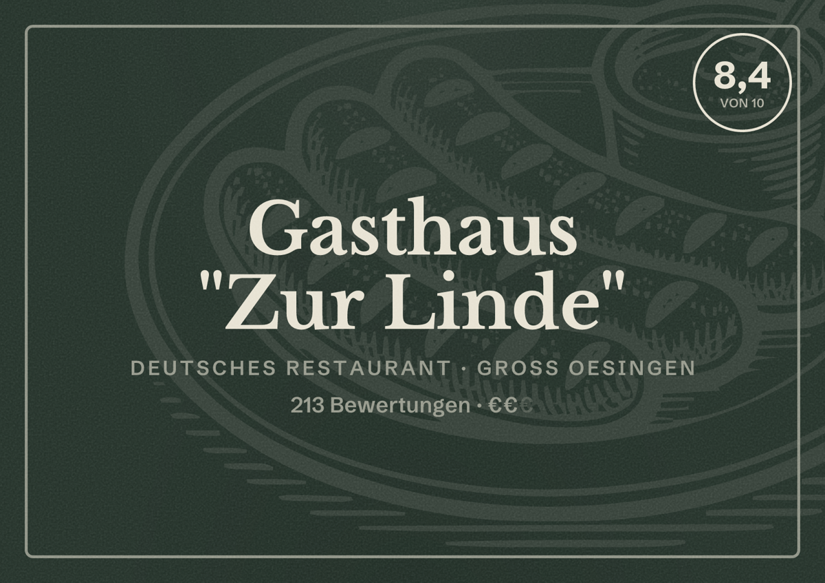 Illustriertes Poster von Gasthaus "Zur Linde", Deutsches Restaurant in Groß Oesingen: Bewertung 8,4 von 10 aus 213 Bewertungen, Preisniveau €€
