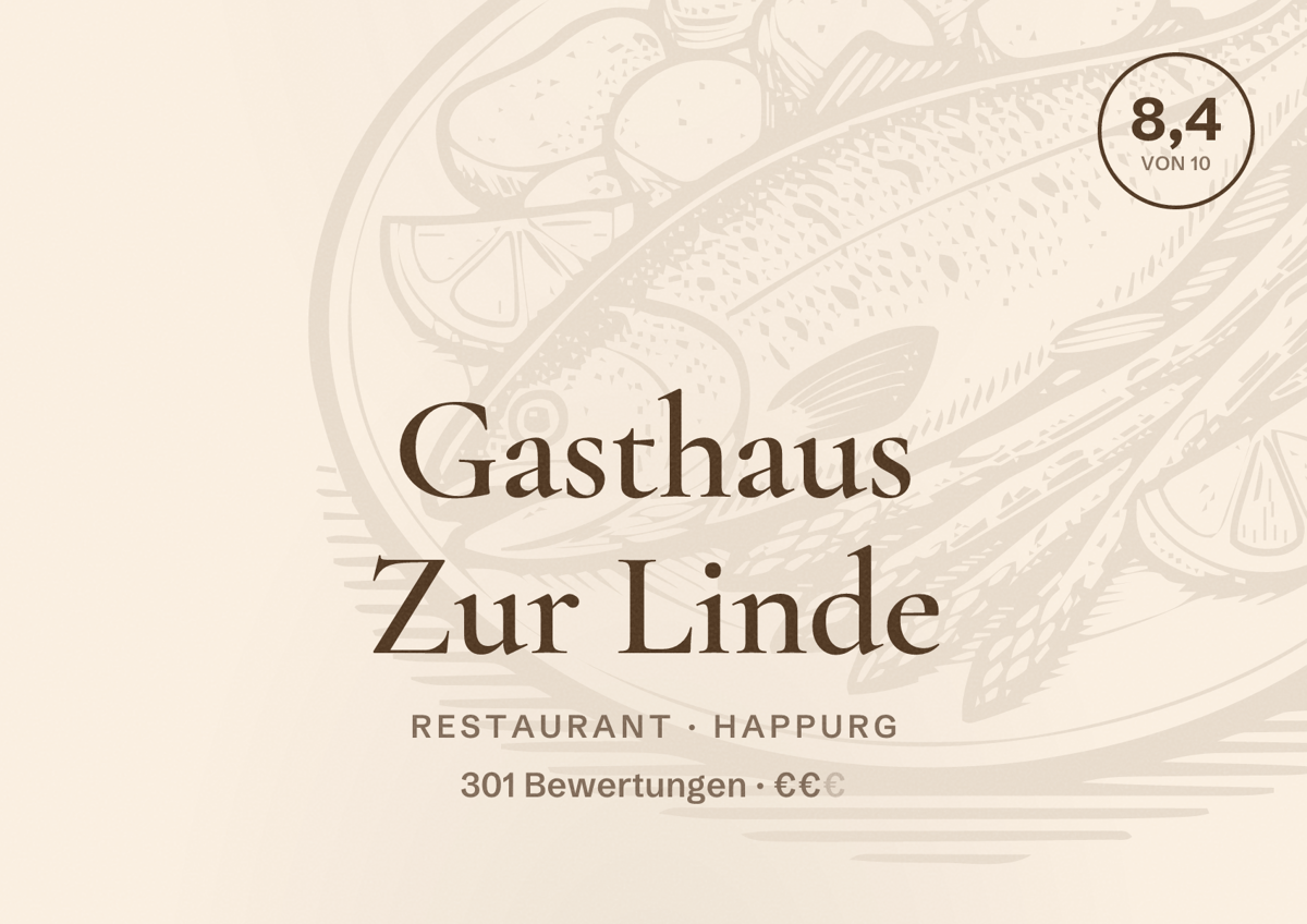 Illustriertes Poster von Gasthaus Zur Linde, Restaurant in Happurg: Bewertung 8,4 von 10 aus 301 Bewertungen, Preisniveau €€