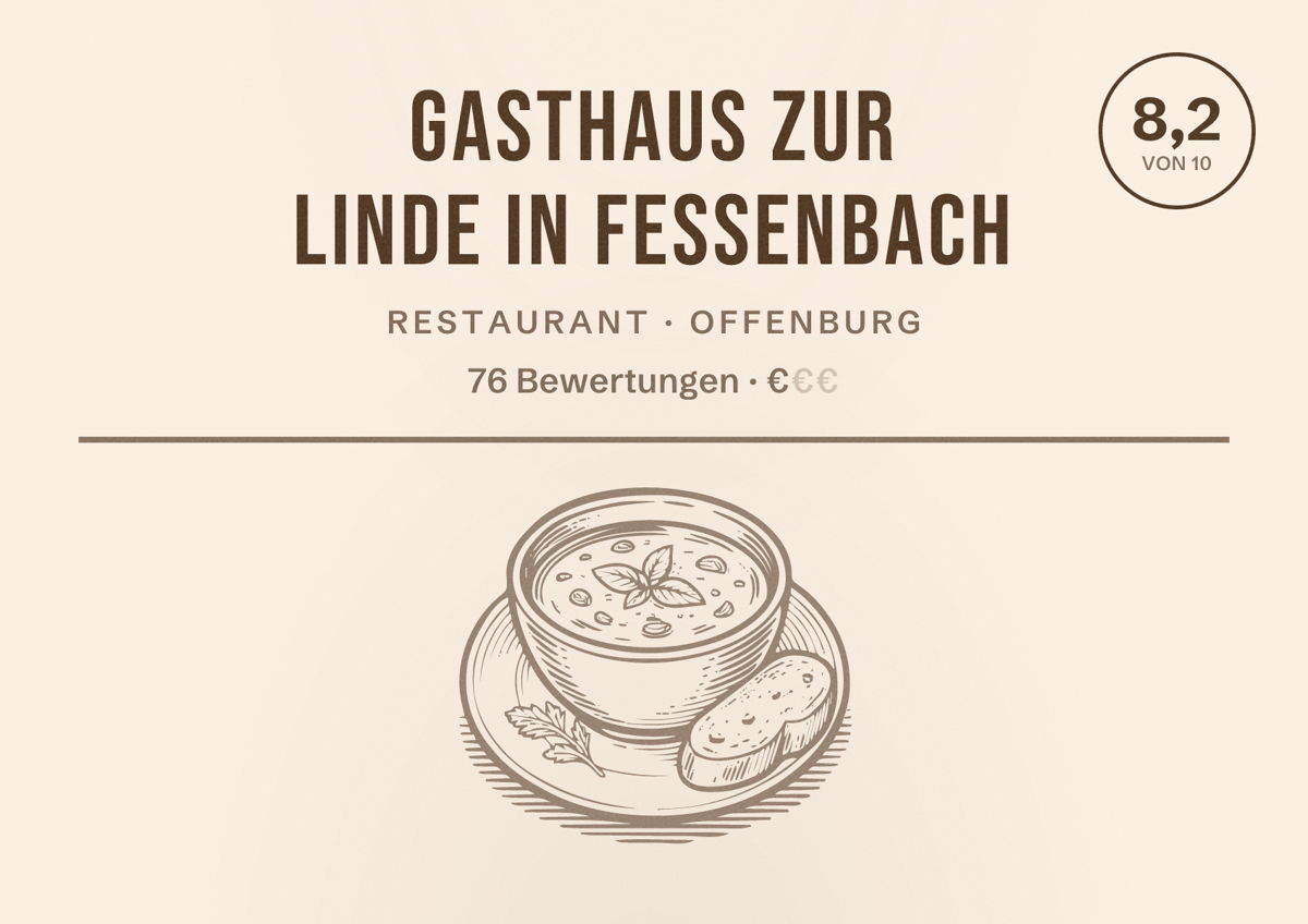 Illustriertes Poster von Gasthaus zur Linde in Fessenbach, Restaurant in Offenburg: Bewertung 8,2 von 10 aus 76 Bewertungen, Preisniveau €