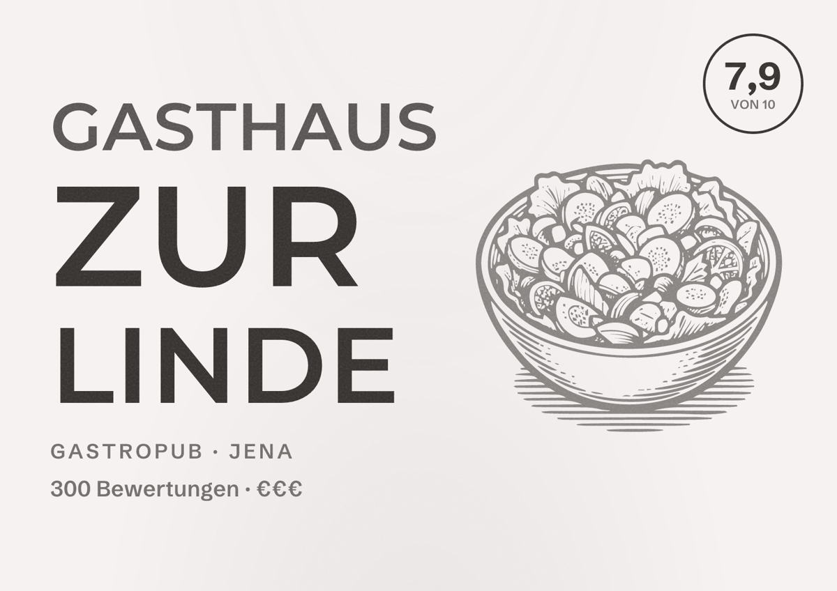 Illustriertes Poster von Gasthaus Zur Linde, Gastropub in Jena: Bewertung 7,9 von 10 aus 300 Bewertungen, Preisniveau €€€